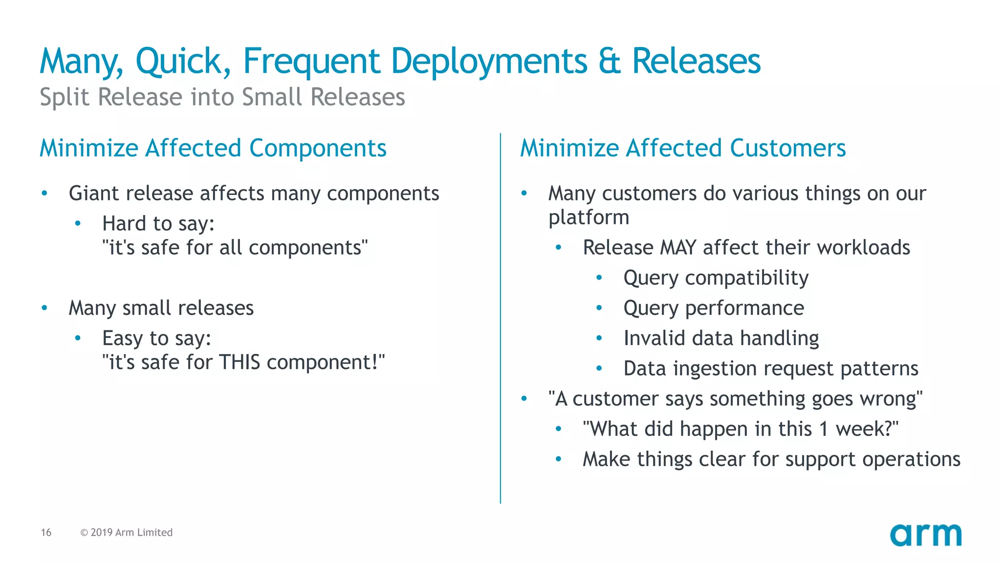 © 2019 Arm Limited16
Many, Quick, Frequent Deployments & Releases
Split Release into Small Releases
Minimize Affected Components
• Giant release affects many components
• Hard to say: 
"it's safe for all components"
• Many small releases
• Easy to say: 
"it's safe for THIS component!"
Minimize Affected Customers
• Many customers do various things on our
platform
• Release MAY affect their workloads
• Query compatibility
• Query performance
• Invalid data handling
• Data ingestion request patterns
• "A customer says something goes wrong"
• "What did happen in this 1 week?"
• Make things clear for support operations
 