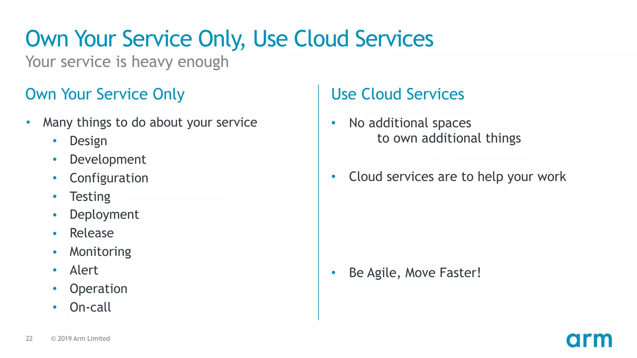 © 2019 Arm Limited22
Own Your Service Only, Use Cloud Services
Your service is heavy enough
Own Your Service Only
• Many things to do about your service
• Design
• Development
• Configuration
• Testing
• Deployment
• Release
• Monitoring
• Alert
• Operation
• On-call
Use Cloud Services
• No additional spaces 
to own additional things
• Cloud services are to help your work
• Be Agile, Move Faster!
 