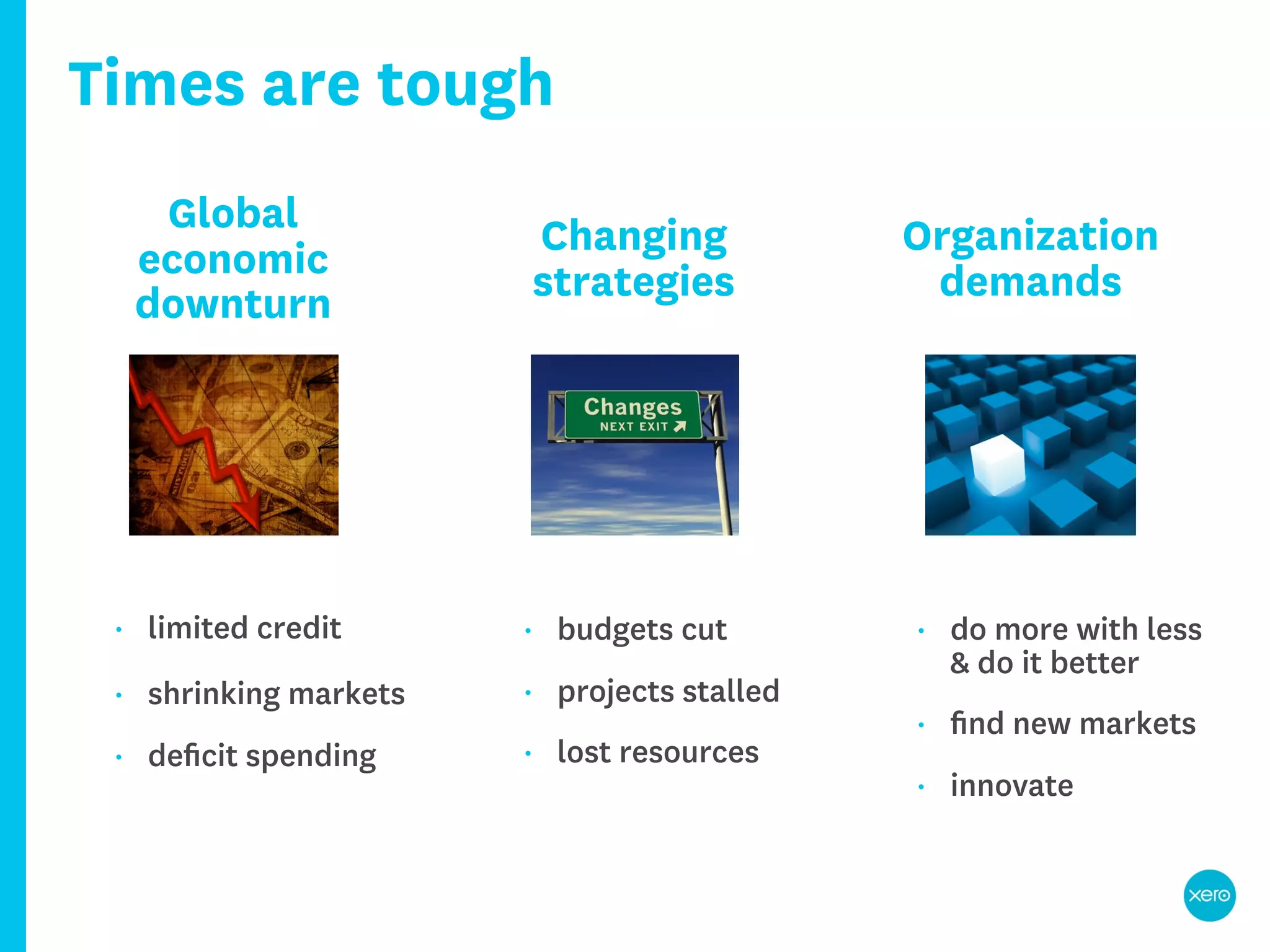Times are tough
      Global                 Changing            Organization
     economic                strategies           demands
     downturn




 •   limited credit      •    budgets cut        •   do more with less
                                                     & do it better
 •   shrinking markets   •    projects stalled
                                                 •   ﬁnd new markets
 •   deﬁcit spending     •    lost resources
                                                 •   innovate
 