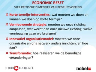ECONOMIC RESET
   VIER KRITISCHE DIMENSIES VAN BEDRIJFSVOERING

Korte termijn-interventies: wat moeten we doen en
kunnen we doen op korte termijn?
Vernieuwende strategie: moeten we onze richting
aanpassen, wat wordt dan onze nieuwe richting, welke
vernieuwing gaan we brengen?
Innovatief organisatiemodel: moeten we onze
organisatie en ons netwerk anders inrichten, en hoe
dan?
Transformatie: hoe realiseren we de benodigde
veranderingen?
 