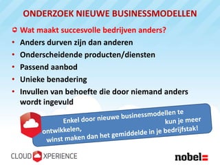 ONDERZOEK NIEUWE BUSINESSMODELLEN
    Wat maakt succesvolle bedrijven anders?
•   Anders durven zijn dan anderen
•   Onderscheidende producten/diensten
•   Passend aanbod
•   Unieke benadering
•   Invullen van behoefte die door niemand anders
    wordt ingevuld
 