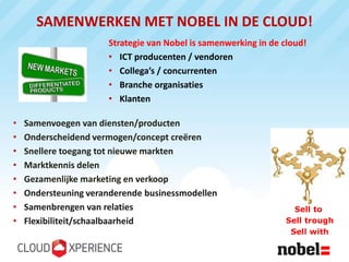 SAMENWERKEN MET NOBEL IN DE CLOUD!
                      Strategie van Nobel is samenwerking in de cloud!
                      • ICT producenten / vendoren
                      • Collega’s / concurrenten
                      • Branche organisaties
                      • Klanten

•   Samenvoegen van diensten/producten
•   Onderscheidend vermogen/concept creëren
•   Snellere toegang tot nieuwe markten
•   Marktkennis delen
•   Gezamenlijke marketing en verkoop
•   Ondersteuning veranderende businessmodellen
•   Samenbrengen van relaties                                      Sell to
•   Flexibiliteit/schaalbaarheid                                 Sell trough
                                                                  Sell with
 