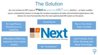 The Solution
Our core solution to ERP’s woes is , the world’s first eDLTsolution platform... an hyper-scalable,
secure, and powerful solution to manage the complex ecosystems of nodes and centralized organisations, that
delivers far more functionality than the most sophisticated ERP system on the planet.
Cloud Based
No “Installation”
No Superfluous
Maintenance or
Updating
Pay as You Grow –
Hyper Scalable
Affordable (2500x less
expensive than market
leader)
User Friendly, Even
When Working with
Deep Technology
 