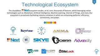 5
The cloudyBoss ecosystem exudes, at its’ core, thousands of features, whilst leveraging native
technologies such as: Blockchain, Artificial Intelligence, Machine Learning, Internet of Things, and more. Our
ecosystem is proactively facilitating industry initiatives in which are enhancing platforms’ efficiency,
connectivity, and power.
Technological Ecosystem
 