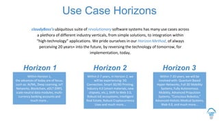 Use Case Horizons
cloudyBoss’s ubiquitous suite of revolutionary software systems has many use cases across
a plethora of different industry verticals, from simple solutions, to integration within
“high-technology” applications. We pride ourselves in our Horizon Method, of always
perceiving 20 years+ into the future, by reversing the technology of tomorrow, for
implementation, today.
Within Horizon 1,
the advances of today are of focus,
such as: AI/ML, Deep Learning, IoT
Networks, Blockchain, eDLT (ERP),
scale-neutral data modules, multi-
currency banking accounts and
much more…
Within 2-7 years, in Horizon 2, we
will be experiencing: 5G
Connection, Smart 3D/4D Printing,
Industry 4.0 (smart materials, new
chipsets, etc.), Shift to Web 3.0,
Robust IoE ecosystems, Intelligent
Real Estate, Robust Cryptocurrency
Uses and much more...
Within 7-20 years, we will be
involved with: Quantum Based
Hyper-Networks, Full 3D Mobility
Systems, Fully Autonomous
Mobility, Advanced Propulsion
Systems, “Conscious Robotics,”
Advanced-Holistic Medical Systems,
Web 4.0, and much more...
Horizon 1 Horizon 2 Horizon 3
 