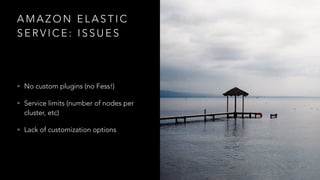 A M A Z O N E L A S T I C
S E R V I C E : I S S U E S
• No custom plugins (no Fess!)
• Service limits (number of nodes per
cluster, etc)
• Lack of customization options
 