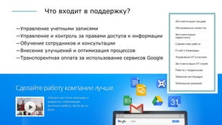 Что входит в поддержку?
―Управление учетными записями
―Управление и контроль за правами доступа к информации
―Обучение сотрудников и консультации
―Внесение улучшений и оптимизация процессов
―Транспорентная оплата за использование сервисов Google
 