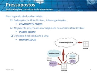 Pressupostos
Racionalização e consolidação de infraestrutura
Num segundo nível podem existir:
 Federações de Data Centers, inter-organizações
 COMMUNITY CLOUD
 Alojamento externo de informação em Co-Location Data Centers
 PUBLIC CLOUD
 O modelo final conduzirá a uma
 HYBRID CLOUD
09/12/2011 8
 
