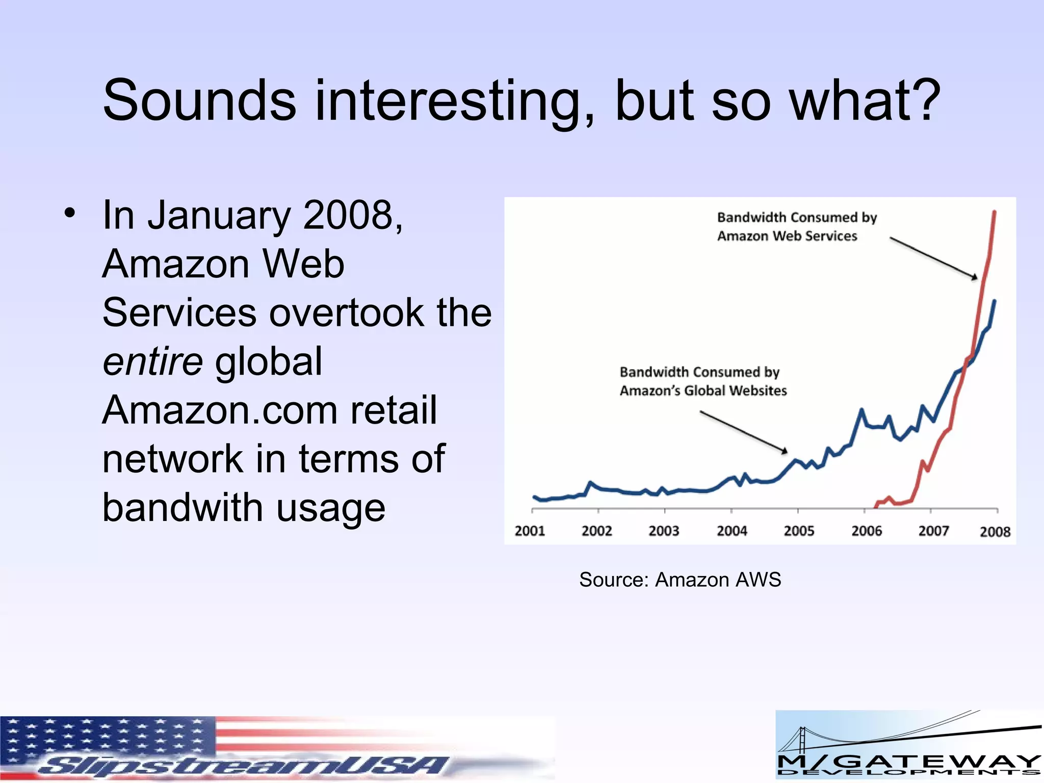 Sounds interesting, but so what? In January 2008, Amazon Web Services overtook the  entire  global Amazon.com retail network in terms of bandwith usage Source: Amazon AWS 