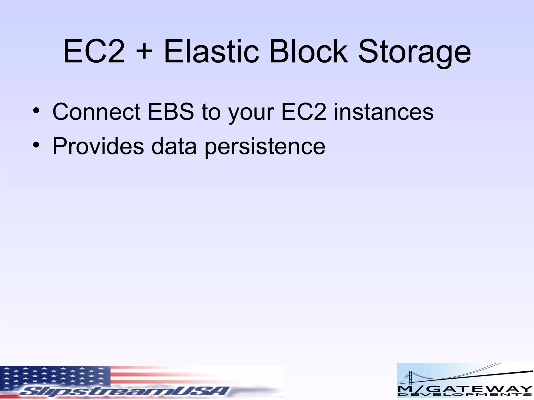 EC2 + Elastic Block Storage Connect EBS to your EC2 instances Provides data persistence 
