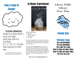 Liberty Public
Library
Story Time
Cloudy Day
Welcome Song:
Are you listening?
Are you listening?
Yes I am! Yes I am!
Now it’s time for Story Time,
Now it’s time for Story Time,
Yes it is! Yes it is!
At Home Experiment:
What You Will Need:
 Glass Jar
 Match or Hairspray
 Warm water
 Ice cubes
Pour warm tap water into a jar, throw in a match or
spray hairspray into the jar. Place the lid upside down
on top of the jar and place several ice cubes. Watch
your cloud form!
The science from PlaydoughtoPlato.com: “In this
demonstration you added water vapor to the jar by
using warm water. The smoke or hairspray acted as
the cloud seed. When you added the ice filled lid on
top you cooled the warm air causing it to condense on
the surface of the cloud seed particles, forming a
cloud!”
Check out more on Playdoughtoplato.com
Sing a Song of
Clouds!
CLOUD (BINGO)
There is a mist that’s
way up high
and we call it a
CLOUD,
C * L * O * U * D (x3)
the cloud is in the
sky.
I adapted this from song from:
http://www.preschoolexpress.com
 