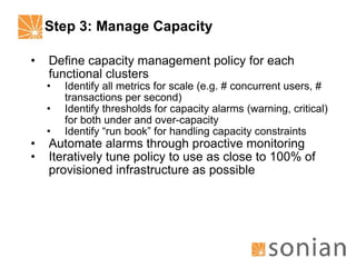 Step 3: Manage Capacity Define capacity management policy for each functional clusters Identify all metrics for scale (e.g. # concurrent users, # transactions per second) Identify thresholds for capacity alarms (warning, critical) for both under and over-capacity Identify “run book” for handling capacity constraints Automate alarms through proactive monitoring Iteratively tune policy to use as close to 100% of provisioned infrastructure as possible 