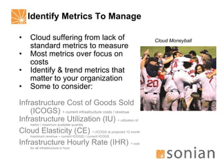 Identify Metrics To Manage Cloud suffering from lack of standard metrics to measure Most metrics over focus on costs Identify & trend metrics that matter to your organization Some to consider: Infrastructure Cost of Goods Sold (ICOGS)  = current infrastructure costs / revenue Infrastructure Utilization (IU)  = utilization of metric / maximum available quantity Cloud Elasticity (CE)  = (ICOGS at projected 12 month maximum revenue – current ICOGS) / current ICOGS Infrastructure Hourly Rate (IHR)  = cost for all infrastructure in hour Cloud Moneyball 