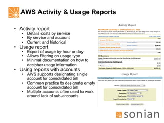 AWS Activity & Usage Reports Activity report Details costs by service By service and account Current and historical Usage report Export of usage by hour or day Allows filtering on usage type Minimal documentation on how to decipher usage information Using reports with accounts AWS supports designating single account for consolidated bill Common practice to designate empty account for consolidated bill Multiple accounts often used to work around lack of sub-accounts Activity Report Usage Report 