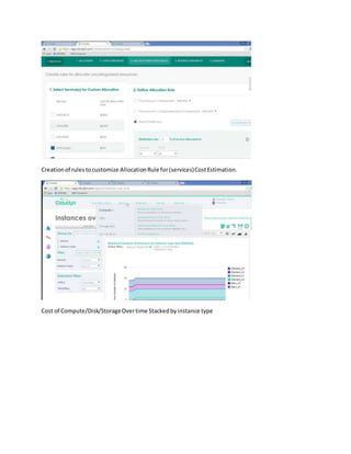Creationof rulestocustomize AllocationRule for(services)CostEstimation.
Cost of Compute/Disk/StorageOvertime Stackedbyinstance type
 