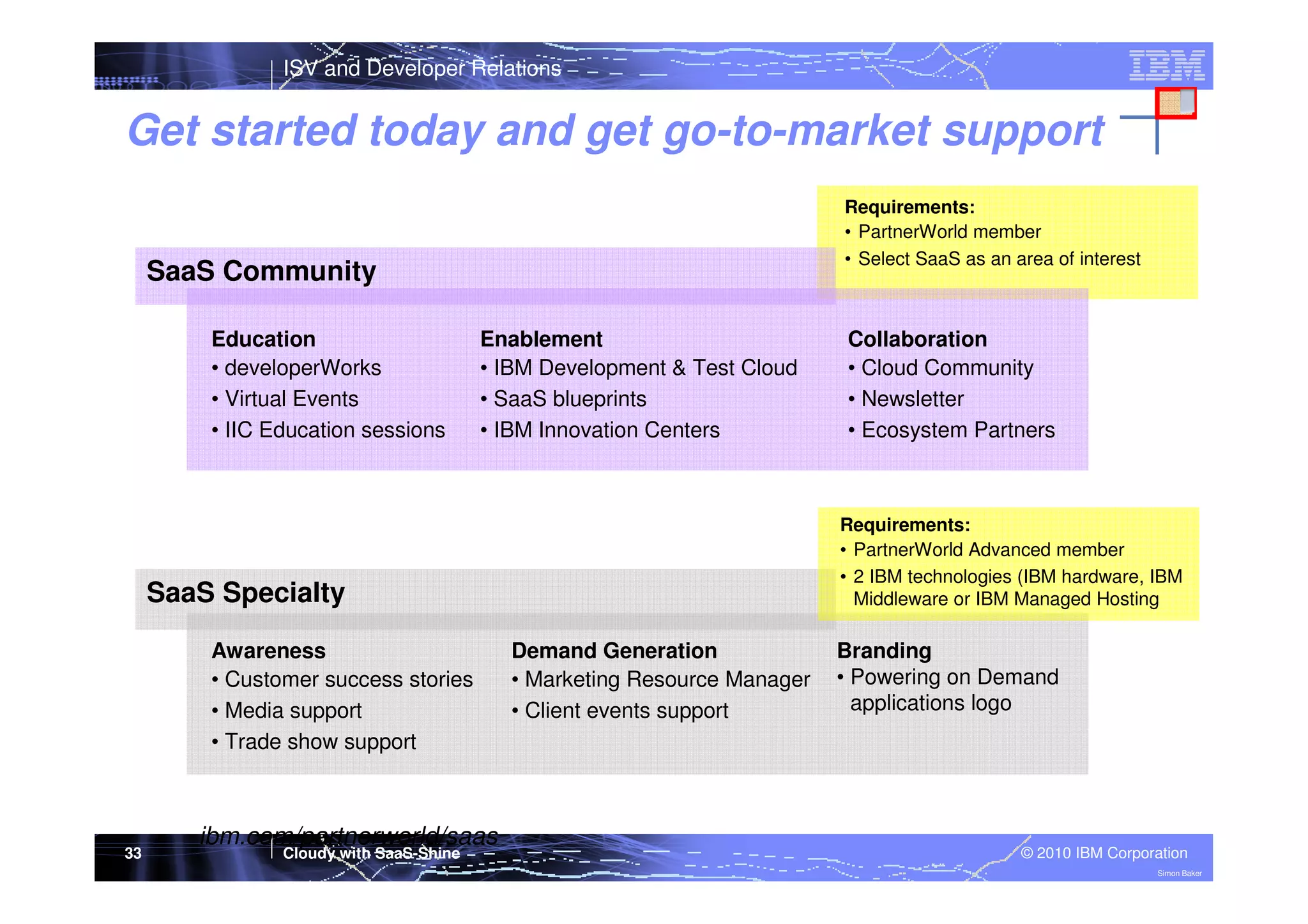 ISV and Developer Relations

Get started today and get go-to-market support
Requirements:
• PartnerWorld member
• Select SaaS as an area of interest

SaaS Community
Education
• developerWorks
• Virtual Events
• IIC Education sessions

Enablement
• IBM Development & Test Cloud
• SaaS blueprints
• IBM Innovation Centers

Requirements:
• PartnerWorld Advanced member
• 2 IBM technologies (IBM hardware, IBM
Middleware or IBM Managed Hosting

SaaS Specialty
Awareness
• Customer success stories
• Media support
• Trade show support

33

ibm.com/partnerworld/saas
Cloudy with SaaS-Shine

Collaboration
• Cloud Community
• Newsletter
• Ecosystem Partners

Demand Generation
• Marketing Resource Manager
• Client events support

Branding
• Powering on Demand
applications logo

© 2010 IBM Corporation
Simon Baker

 