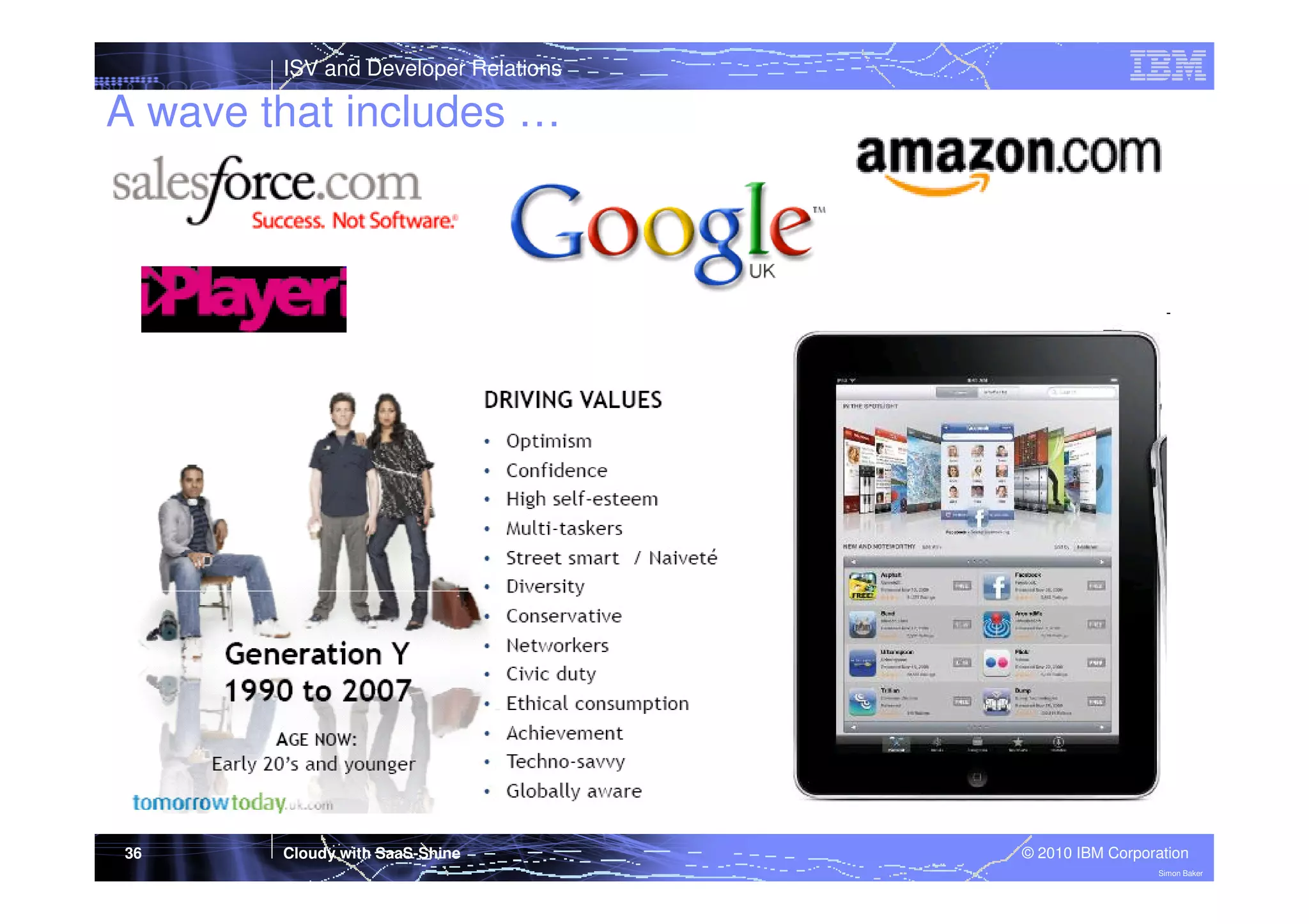 ISV and Developer Relations

A wave that includes …

36

Cloudy with SaaS-Shine

© 2010 IBM Corporation
Simon Baker

 