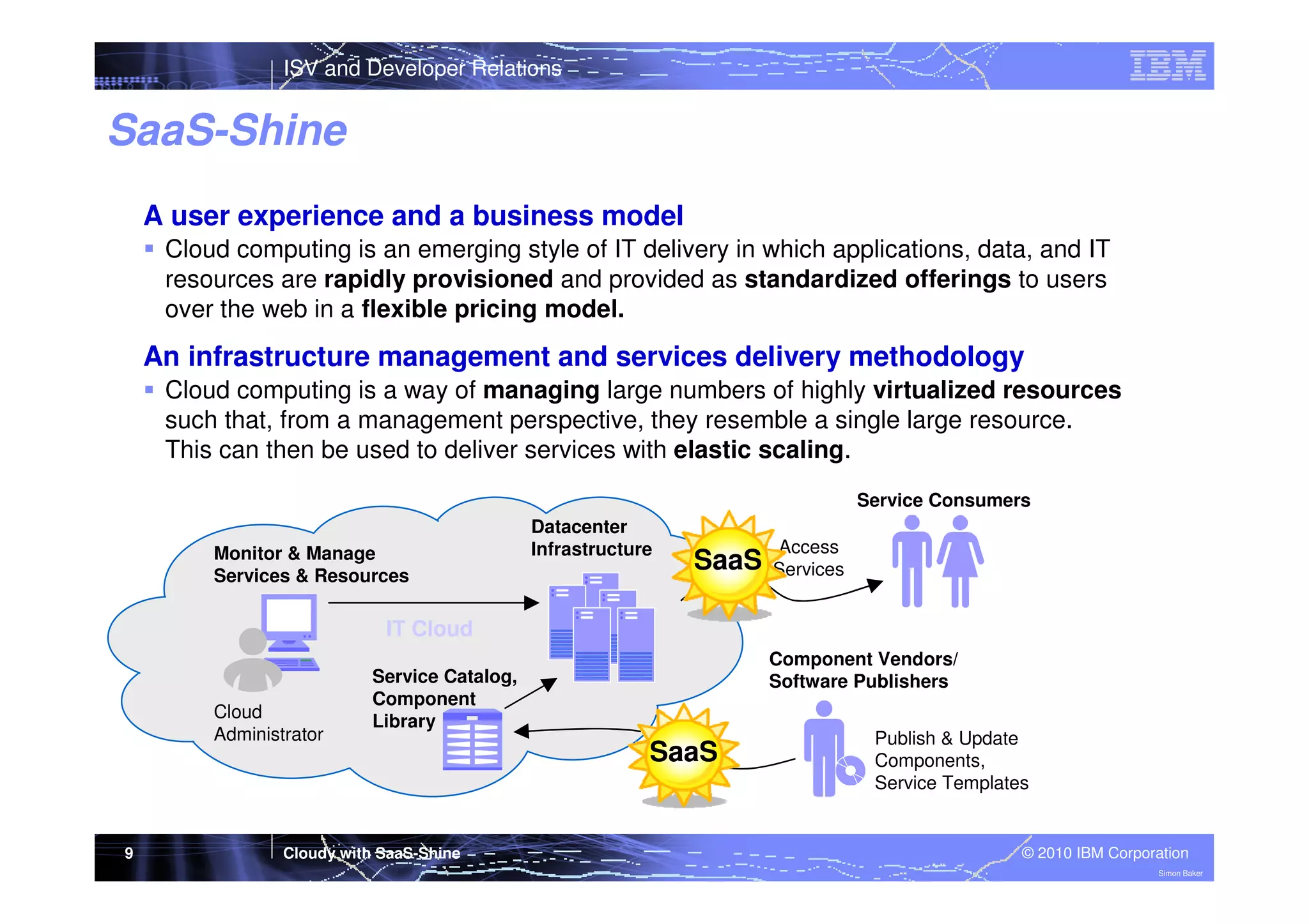 ISV and Developer Relations

SaaS-Shine
A user experience and a business model
Cloud computing is an emerging style of IT delivery in which applications, data, and IT
resources are rapidly provisioned and provided as standardized offerings to users
over the web in a flexible pricing model.

An infrastructure management and services delivery methodology
Cloud computing is a way of managing large numbers of highly virtualized resources
such that, from a management perspective, they resemble a single large resource.
This can then be used to deliver services with elastic scaling.
Service Consumers
Monitor & Manage
Services & Resources

Datacenter
Infrastructure

SaaS

Access
Services

IT Cloud

Cloud
Administrator

9

Component Vendors/
Software Publishers

Service Catalog,
Component
Library

Cloudy with SaaS-Shine

SaaS

Publish & Update
Components,
Service Templates

© 2010 IBM Corporation
Simon Baker

 