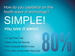 How do you capitalize on this
fourth wave of technology?

SIMPLE!
YOU GIVE IT AWAY!

• 15 day Free Trial
• State of the Art Service
• 80% of people NEED it now
• You make money when they buy!
 