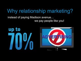 Why relationship marketing?
instead of paying Madison avenue…
                    we pay people like you!
 