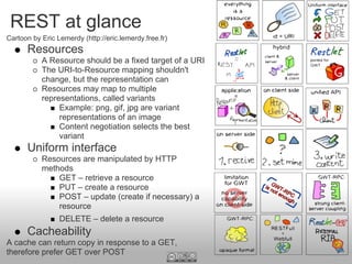 REST at glance
Cartoon by Eric Lemerdy (http://eric.lemerdy.free.fr)
Resources
A Resource should be a fixed target of a URI
The URI-to-Resource mapping shouldn't
change, but the representation can
Resources may map to multiple
representations, called variants
Example: png, gif, jpg are variant
representations of an image
Content negotiation selects the best
variant
Uniform interface
Resources are manipulated by HTTP
methods
GET – retrieve a resource
PUT – create a resource
POST – update (create if necessary) a
resource
DELETE – delete a resource
Cacheability
A cache can return copy in response to a GET,
therefore prefer GET over POST
 