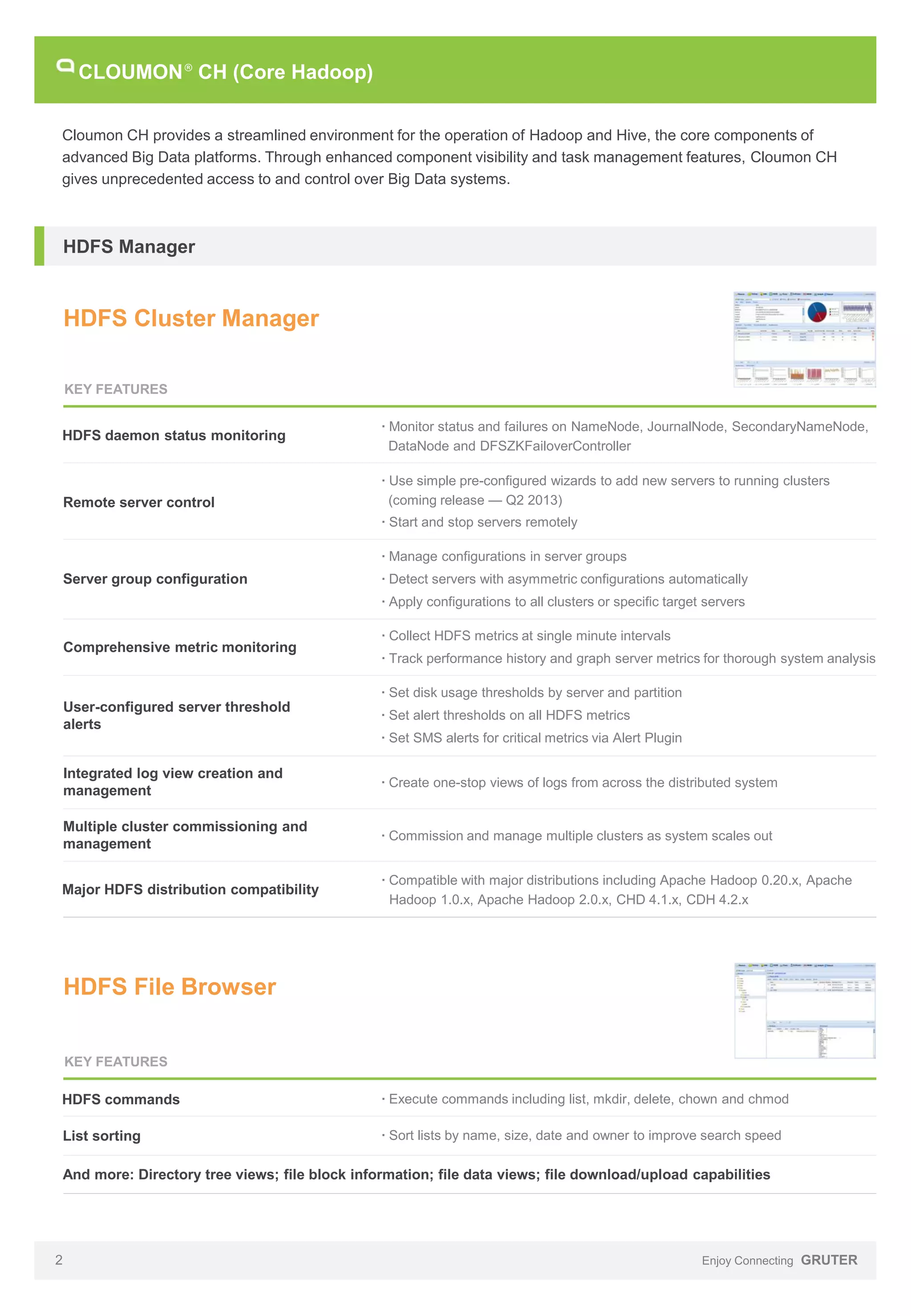 CLOUMON CH (Core Hadoop)
R

Cloumon CH provides a streamlined environment for the operation of Hadoop and Hive, the core components of
advanced Big Data platforms. Through enhanced component visibility and task management features, Cloumon CH
gives unprecedented access to and control over Big Data systems.

HDFS Manager

HDFS Cluster Manager
KEY FEATURES

HDFS daemon status monitoring

Remote server control

· Monitor status and failures on NameNode, JournalNode, SecondaryNameNode,
DataNode and DFSZKFailoverController
· Use simple pre-configured wizards to add new servers to running clusters
(coming release — Q2 2013)
· Start and stop servers remotely
· Manage configurations in server groups

Server group configuration

· Detect servers with asymmetric configurations automatically
· Apply configurations to all clusters or specific target servers

Comprehensive metric monitoring

· Collect HDFS metrics at single minute intervals
· Track performance history and graph server metrics for thorough system analysis
· Set disk usage thresholds by server and partition

User-configured server threshold
alerts

· Set alert thresholds on all HDFS metrics
· Set SMS alerts for critical metrics via Alert Plugin

Integrated log view creation and
management

· Create one-stop views of logs from across the distributed system

Multiple cluster commissioning and
management

· Commission and manage multiple clusters as system scales out

Major HDFS distribution compatibility

· Compatible with major distributions including Apache Hadoop 0.20.x, Apache
Hadoop 1.0.x, Apache Hadoop 2.0.x, CHD 4.1.x, CDH 4.2.x

HDFS File Browser
KEY FEATURES

HDFS commands

· Execute commands including list, mkdir, delete, chown and chmod

List sorting

· Sort lists by name, size, date and owner to improve search speed

And more: Directory tree views; file block information; file data views; file download/upload capabilities

2

Enjoy Connecting GRUTER

 