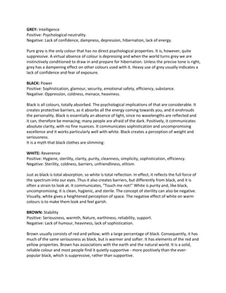 GREY: Intelligence 
Positive: Psychological neutrality. 
Negative: Lack of confidence, dampness, depression, hibernation, lack of energy. 
Pure grey is the only colour that has no direct psychological properties. It is, however, quite 
suppressive. A virtual absence of colour is depressing and when the world turns grey we are 
instinctively conditioned to draw in and prepare for hibernation. Unless the precise tone is right, 
grey has a dampening effect on other colours used with it. Heavy use of grey usually indicates a 
lack of confidence and fear of exposure. 
BLACK: Power 
Positive: Sophistication, glamour, security, emotional safety, efficiency, substance. 
Negative: Oppression, coldness, menace, heaviness. 
Black is all colours, totally absorbed. The psychological implications of that are considerable. It 
creates protective barriers, as it absorbs all the energy coming towards you, and it enshrouds 
the personality. Black is essentially an absence of light, since no wavelengths are reflected and 
it can, therefore be menacing; many people are afraid of the dark. Positively, it communicates 
absolute clarity, with no fine nuances. It communicates sophistication and uncompromising 
excellence and it works particularly well with white. Black creates a perception of weight and 
seriousness. 
It is a myth that black clothes are slimming: 
WHITE: Reverence 
Positive: Hygiene, sterility, clarity, purity, cleanness, simplicity, sophistication, efficiency. 
Negative: Sterility, coldness, barriers, unfriendliness, elitism. 
Just as black is total absorption, so white is total reflection. In effect, it reflects the full force of 
the spectrum into our eyes. Thus it also creates barriers, but differently from black, and it is 
often a strain to look at. It communicates, "Touch me not!" White is purity and, like black, 
uncompromising; it is clean, hygienic, and sterile. The concept of sterility can also be negative. 
Visually, white gives a heightened perception of space. The negative effect of white on warm 
colours is to make them look and feel garish. 
BROWN: Stability 
Positive: Seriousness, warmth, Nature, earthiness, reliability, support. 
Negative: Lack of humour, heaviness, lack of sophistication. 
Brown usually consists of red and yellow, with a large percentage of black. Consequently, it has 
much of the same seriousness as black, but is warmer and softer. It has elements of the red and 
yellow properties. Brown has associations with the earth and the natural world. It is a solid, 
reliable colour and most people find it quietly supportive - more positively than the ever-popular 
black, which is suppressive, rather than supportive. 
 