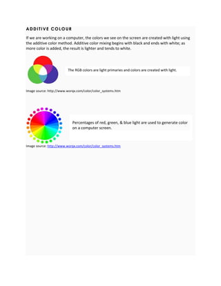 ADDI T IVE COLOUR 
If we are working on a computer, the colors we see on the screen are created with light using 
the additive color method. Additive color mixing begins with black and ends with white; as 
more color is added, the result is lighter and tends to white. 
The RGB colors are light primaries and colors are created with light. 
Image source: http://www.worqx.com/color/color_systems.htm 
Percentages of red, green, & blue light are used to generate color 
on a computer screen. 
Image source: http://www.worqx.com/color/color_systems.htm 
 