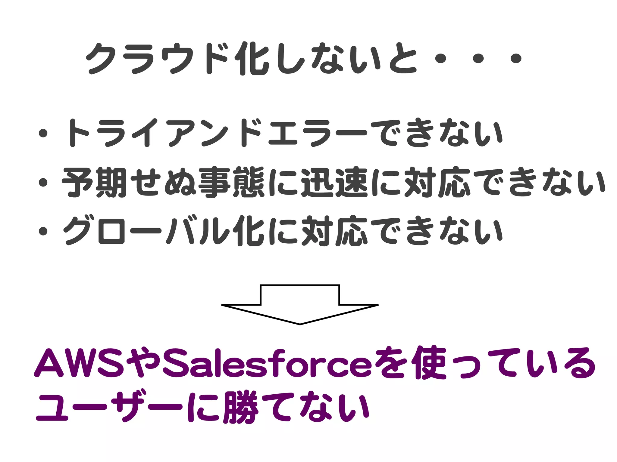 クラウド化しないと・・・  

•  トライアンドエラーできない  
•  予期せぬ事態に迅速に対応できない  
•  グローバル化に対応できない  

AAWWSSやSSaalleessffoorrcceeを使っている
ユーザーに勝てない  

 