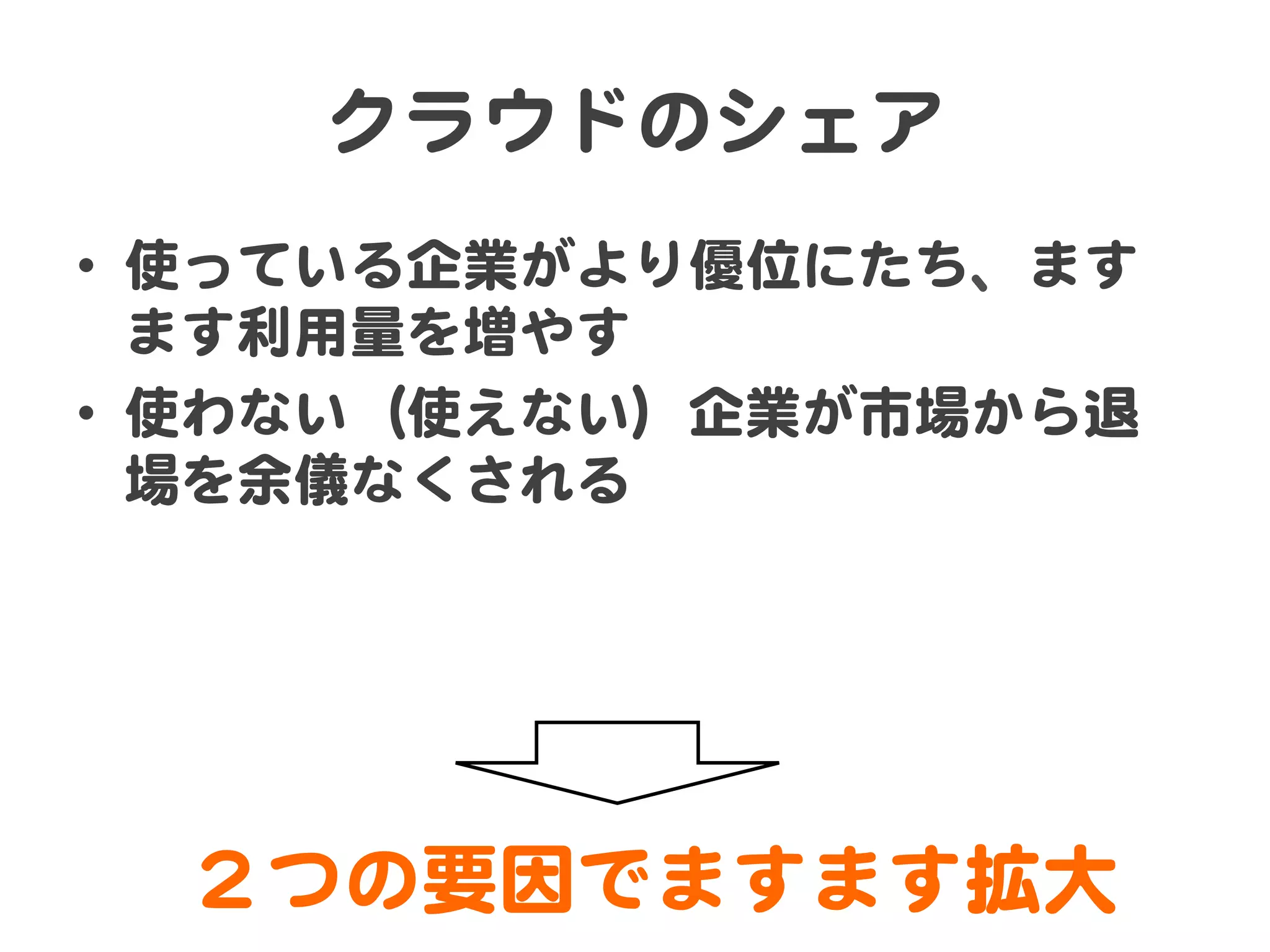 クラウドのシェア  
•  使っている企業がより優位にたち、ます
ます利用量を増やす  
•  使わない（使えない）企業が市場から退
場を余儀なくされる  

２つの要因でますます拡大  

 