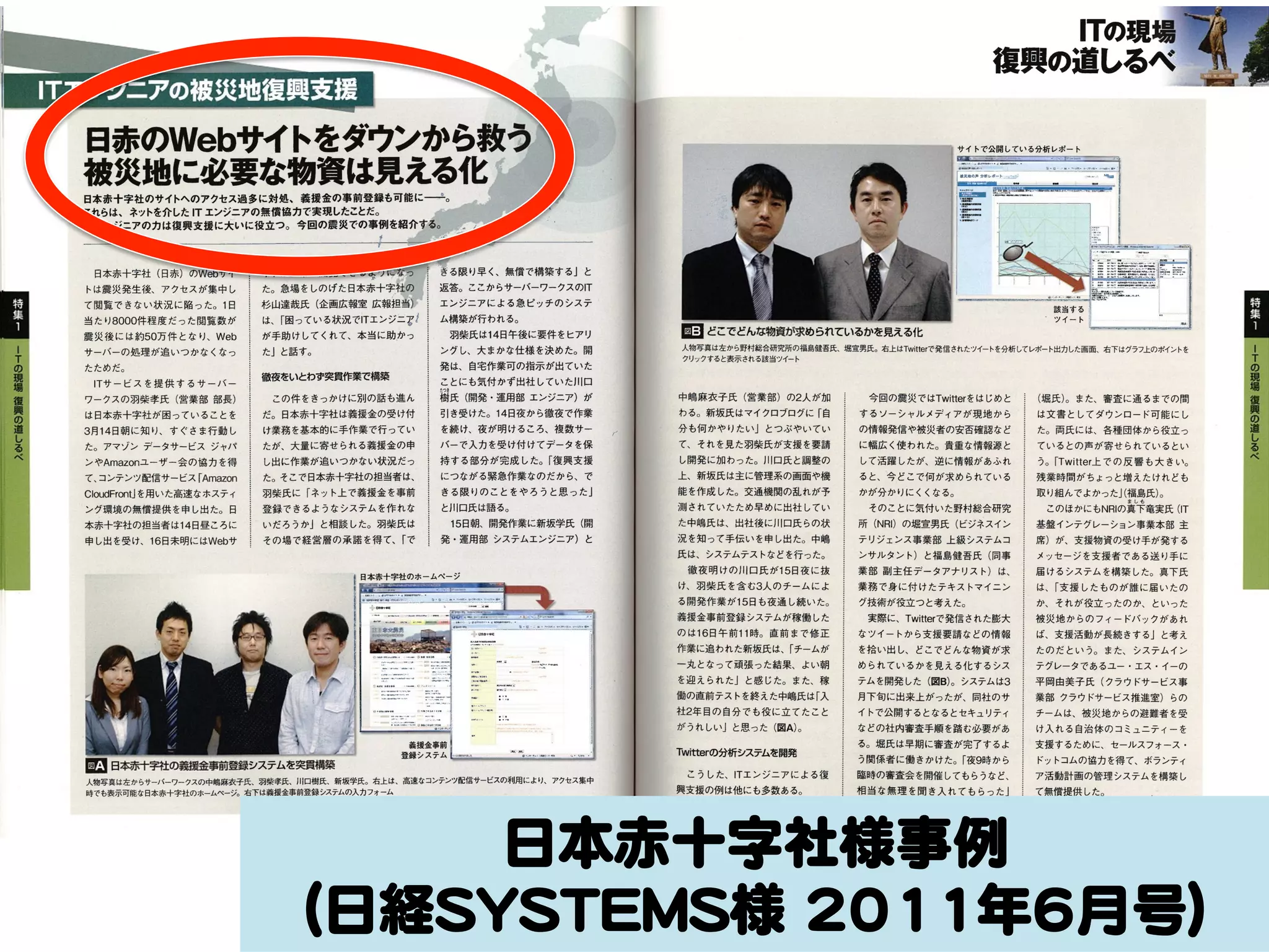 　　　　　　　　　lTの現

復興の道しるべ璽
日赤のWebサイトをダウンから救う．

サイトで公開している分析レポート

懲禦i鰯繧鷺乳剤i撚易化1翻、
これらは、ネットを介したITエンジニアの無慣協力で実現したことだ。　　　　．．／L』・．　．．’聾・：．噸鐸．

rrエンジニアの力は復興支援に大いに役立つ。今回の震災での事例を紹介す毒苛：li戸1　．払

イト。正常。閲。。，。、，、講1。き。限，早、絹。構築。。、、
　日本赤十字社（日赤）のWebサイ

トは震災発生後、アクセスが集中し

た。急場をしのげた日本赤十字社訓1．

　返答。ここからサーバーワークスのIT

て閲覧できない状況に陥った。1日

杉山達哉氏（企画広報室広報担当ア

　エンジニアによる急ピッチのシステ

当たり8000件程度だった閲覧数が

は、「困っている状況で1丁エンジニア

　ム構築が行われる。

震災後には約50万件となり、Web

が手助けしてくれて、本当に助かっ

　　羽柴氏は14日午後に要件をヒアリ

サーバーの処理が追いつかなくなっ

た」と話す。

　ングし、大まかな仕様を決めた。開
　発は、自宅作業可の指示が出ていた

たためだ。

　ITサービスを提供するサーバー

徹夜をいとわず突貫作業で構築

　　　　　　　　　　　　　　　　　　　　　　　　　　　　　　　　　　　　　　　ツイート

国どこでどんな物資が求められているかを見える化

人物写真は左から野村総合研究所の福島健吾氏、堀宣男氏。右上はTwitterで発信されたツイートを分析してレポート出力した画面、右下はグラフ上のポイントを
クリックすると妻示される該当ツイート

　ことにも気付かず出社していた川口
…覇氏（開発・運用部エンジニア）が

中嶋麻衣子氏（営業部）の2人が加

　今回の震災ではTwitterをはじめと

ワークスの羽柴孝氏（営業部部長）

　この件をきっかけに別の話も進ん

は日本赤十字社が困っていることを

だ。日本赤十字社は義援金の受け付

　引き受けた。14日夜から徹夜で作業

わる。新坂氏はマイクロブログに「自

するソーシャルメディアが現地から

は文書としてダウンロード可能にし

3月14日朝に知り、すぐさま行動し

け業務を基本的に手作業で行ってい

　を続け、夜が明けるころ、複数サー

分も何かやりたい」とつぶやいてい　1

の情報発信や被災者の安否確認など

た。両氏には、各種団体から役立っ

た。アマゾンデータサービスジャパ

たが、大量に寄せられる義援金の申

　バーで入力を受け付けてデータを保

て、それを見た羽柴氏が支援を要請

に幅広く使われた。貴重な情報源と

ているとの声が寄せられているとい

ンやAmazonユーザー会の協力を得

し出に作業が追いつかない状況だっ

　持する部分が完成した。「復興支援

し開発に加わった。川熟手と調整の

して活躍したが、逆に情報があふれ

う。「Twitter上での反響も大きい。

て、コンテンツ配信サービス「Amaz㎝

た。そこで日本赤十字社の担当者は、

　につながる緊急作業なのだから、で

上、新訓氏は主に管理系の画面や機

ると、今どこで何が求められている

残業時間がちょっと増えたけれども

CloudFmt」を用いた高速なボスティ

羽柴氏に「ネット上で義援金を事前

　きる限りのことをやろうと思った」

能を作成した。交通機関の乱れが予

かが分かりにくくなる。

ング環境の無償提供を申し出た。日

登録できるようなシステムを作れな

　と川口氏は語る。

測されていたため早めに出社してい

　そのことに気付いた野村総合研究

　　　　　　　　　ましも
　このほかにもNRIの真下竜実氏（IT

本赤十字社の担当者は14日昼ころに

いだろうか」と相談した。羽柴氏は

　　15日朝、開発作業に新国学氏（開

た中嶋氏は、出社後に川口氏らの状

所（NRI）の堀宣男氏（ビジネスイン

基盤インテグレーション事業本部主

申し出を受け、16日未明にはWebサ

その場で経営層の承諾を得て、「で

　発・運用部システムエンジニア）と

況を知って手伝いを申し出た。中嶋

チりジェンス事業部上級システムコ

席）が、支援物資の受け手が発する

氏は、システムテストなどを行った。

ンサルタント）と福島健吾氏（同事

メッセージを支援者である送り手に

　徹夜明けの同門氏が15日夜に抜

業部副主任データアナリスト）は、

届けるシステムを構築した。真下氏

け、羽柴氏を含む3人のチームによ

業務で身に付けたテキストマイニン

は、「支援したものが誰に届いたの

る開発作業が15日も夜通し続いた。

グ技術が役立っと考えた。

か、それが役立ったのか、といった

義援金事前登録システムが稼働した

　実際に、Twitterで発信された膨大

被災地からのフィードバックがあれ

日本赤十宇社のホームページ

（堀氏）。また、審査に通るまでの問

取り組んでよかった」（福島氏）。

のは16日午前11時。直前まで修正

なツイートから支援要請などの情報

ば、支援活動が長続きする」と考え

作業に追われた新坂氏は、「チームが

を拾い出し、どこでどんな物資が求

たのだという。また、システムイン

一丸となって頑張った結果、よい朝

められているかを見える化するシス

テグレータであるユー・エス・イーの

を迎えられた」と感じた。また、稼

テムを開発した（図B）。システムは3

平岡由美子氏（クラウドサービス事

働の直前テストを終えた中嶋氏は「入

月下旬に出来上がったが、同社のサ

業部クラウドサービス推進室）らの

社2年目の自分でも役に立てたこと

イトで公開するとなるとセキュリティ

チームは、被災地からの避難者を受

がうれしい」と思った（図A）。

などの社内審査手順を踏む必要があ

け入れる自治体のコミュニティーを

る。堀氏は早期に審査が完了するよ

支援するために、セールスフォース・

’rW㎞erの分析システムを開発

う関係者に働きかけた。「夜9時から

ドットコムの協力を得て、ボランティ

　こうした、ITエンジニアによる復

臨時の審査会を開催してもらうなど、

ア活動計画の管理システムを構築し

興支援の例は他にも多数ある。

相当な無理を聞き入れてもらった」　…

て無償提供した。

團日本赤＋字社の盤金事薩録システムを突賄築
人物写真は左からサーパーワークスの中嶋麻衣子氏、羽柴孝氏．川ロ樹氏、新坂学氏。右上は、高速なコンテンツ配信サービスの利用により、アクセス集中
時でも表示可能な日本赤十字社のホームページ。右下は義援金事前登録システムの入力フォーム

40　　NIKKEI　SYSTEMS　2011．6

日本赤十字社様事例  
（日経SSYYSSTTEEMMSS様  22001111年66月号）  
NIKKEI　SYS丁EMS　2Q11．6　　　41

 