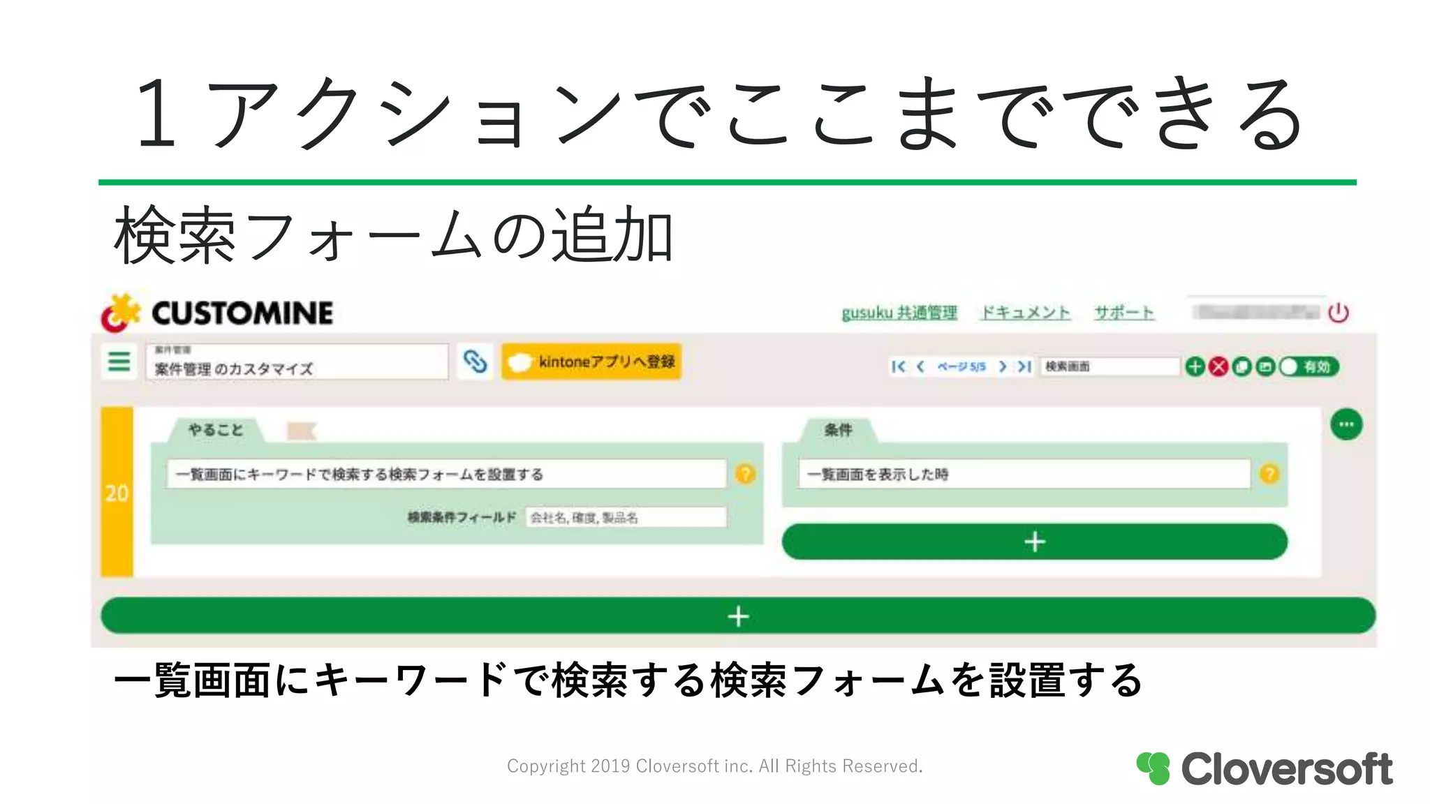 １アクションでここまでできる
一覧画面にキーワードで検索する検索フォームを設置する
Copyright 2019 Cloversoft inc. All Rights Reserved.
検索フォームの追加
 