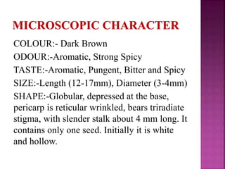 COLOUR:- Dark Brown
ODOUR:-Aromatic, Strong Spicy
TASTE:-Aromatic, Pungent, Bitter and Spicy
SIZE:-Length (12-17mm), Diameter (3-4mm)
SHAPE:-Globular, depressed at the base,
pericarp is reticular wrinkled, bears triradiate
stigma, with slender stalk about 4 mm long. It
contains only one seed. Initially it is white
and hollow.
 