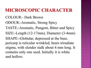 COLOUR:- Dark Brown
ODOUR:-Aromatic, Strong Spicy
TASTE:-Aromatic, Pungent, Bitter and Spicy
SIZE:-Length (12-17mm), Diameter (3-4mm)
SHAPE:-Globular, depressed at the base,
pericarp is reticular wrinkled, bears triradiate
stigma, with slender stalk about 4 mm long. It
contains only one seed. Initially it is white
and hollow.
 