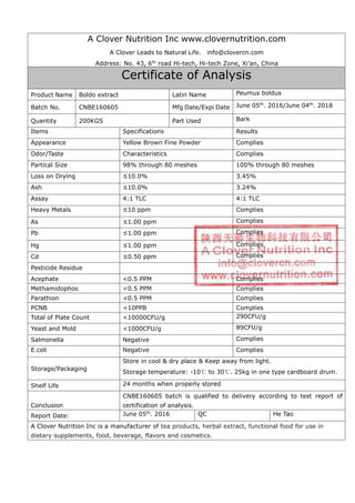 A Clover Nutrition Inc www.clovernutrition.com
A Clover Leads to Natural Life. info@clovercn.com
Address: No. 43, 6th
road Hi-tech, Hi-tech Zone, Xi’an, China
Certificate of Analysis
Product Name Boldo extract Latin Name Peumus boldus
Batch No. CNBE160605 Mfg Date/Expi Date June 05th
. 2016/June 04th
. 2018
Quantity 200KGS Part Used Bark
Items Specifications Results
Appearance Yellow Brown Fine Powder Complies
Odor/Taste Characteristics Complies
Partical Size 98% through 80 meshes 100% through 80 meshes
Loss on Drying ≤10.0% 3.45%
Ash ≤10.0% 3.24%
Assay 4:1 TLC 4:1 TLC
Heavy Metals ≤10 ppm Complies
As ≤1.00 ppm Complies
Pb ≤1.00 ppm Complies
Hg ≤1.00 ppm Complies
Cd ≤0.50 ppm Complies
Pesticide Residue
Acephate <0.5 PPM Complies
Methamidophos <0.5 PPM Complies
Parathion <0.5 PPM Complies
PCNB <10PPB Complies
Total of Plate Count <10000CFU/g 290CFU/g
Yeast and Mold <1000CFU/g 89CFU/g
Salmonella Negative Complies
E.coli Negative Complies
Storage/Packaging
Store in cool & dry place & Keep away from light.
Storage temperature: -10℃ to 30℃. 25kg in one type cardboard drum.
Shelf Life 24 months when properly stored
Conclusion
CNBE160605 batch is qualified to delivery according to test report of
certification of analysis.
Report Date: June 05th
. 2016 QC He Tao
A Clover Nutrition Inc is a manufacturer of tea products, herbal extract, functional food for use in
dietary supplements, food, beverage, flavors and cosmetics.
 