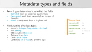 Metadata types and fields
    •   Record type determines how to find the fields
        –   Delimited: fields are separated by delimiters
        –   Fixed-length: each fields has predefined number of
            characters
        –   Mixed: both types of fields in single record             Transaction
                                                                 1   transactionId          long


    •   Fields can be of various types                           2   accountNumber          long

        –   Numeric: integer, long, number, decimal              3   transactionType        string

        –   Text: string                                         4   amount                 decimal(20, 3)

        –   Boolean values: boolean                              5   timestamp              date
        –   Date and time: date
        –   Other: byte, cbyte
        –   Containers: list or map of a primitive type




6                                                                                © 2013 Javlin; All rights reserved
 