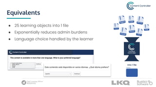 Equivalents
● 25 learning objects into 1 file
● Exponentially reduces admin burdens
● Language choice handled by the learner
 