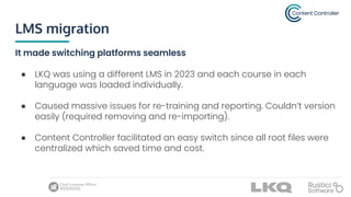 LMS migration
It made switching platforms seamless
● LKQ was using a different LMS in 2023 and each course in each
language was loaded individually.
● Caused massive issues for re-training and reporting. Couldn’t version
easily (required removing and re-importing).
● Content Controller facilitated an easy switch since all root files were
centralized which saved time and cost.
 