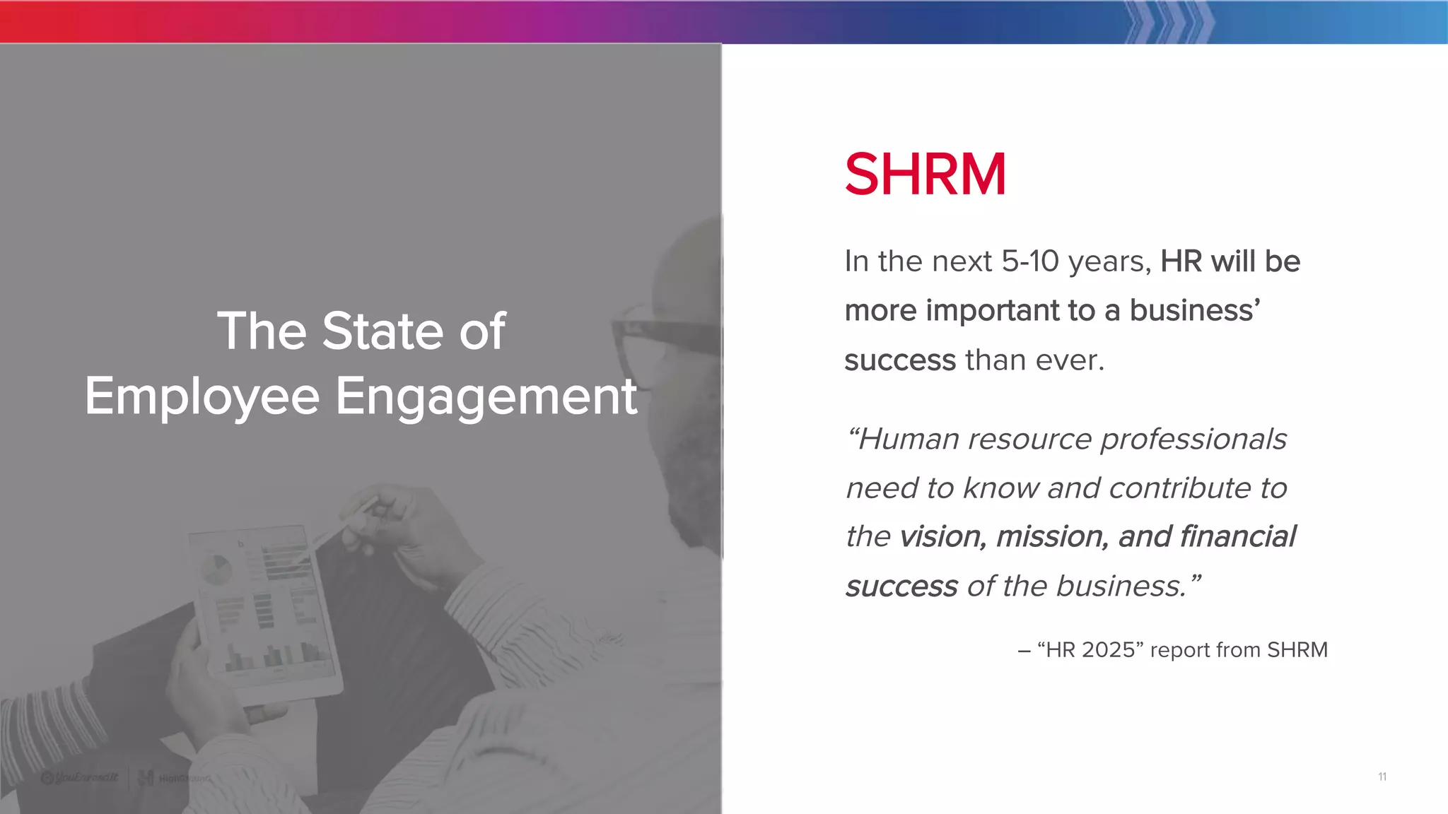 11
|
11
SHRM
In the next 5-10 years, HR will be
more important to a business’
success than ever.
“Human resource professionals
need to know and contribute to
the vision, mission, and financial
success of the business.”
– “HR 2025” report from SHRM
The State of 
Employee Engagement
 