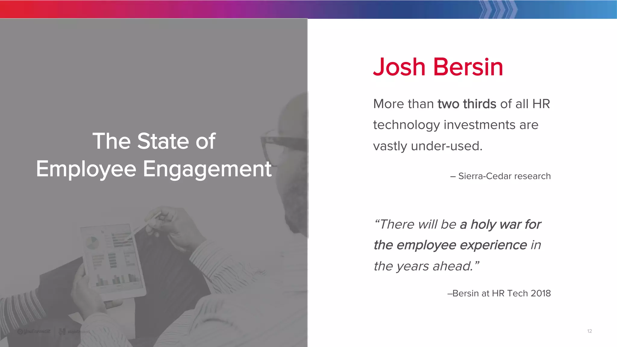 12
|
12
Josh Bersin
More than two thirds of all HR
technology investments are
vastly under-used.
– Sierra-Cedar research

“There will be a holy war for
the employee experience in
the years ahead.” 
–Bersin at HR Tech 2018

The State of 
Employee Engagement
 