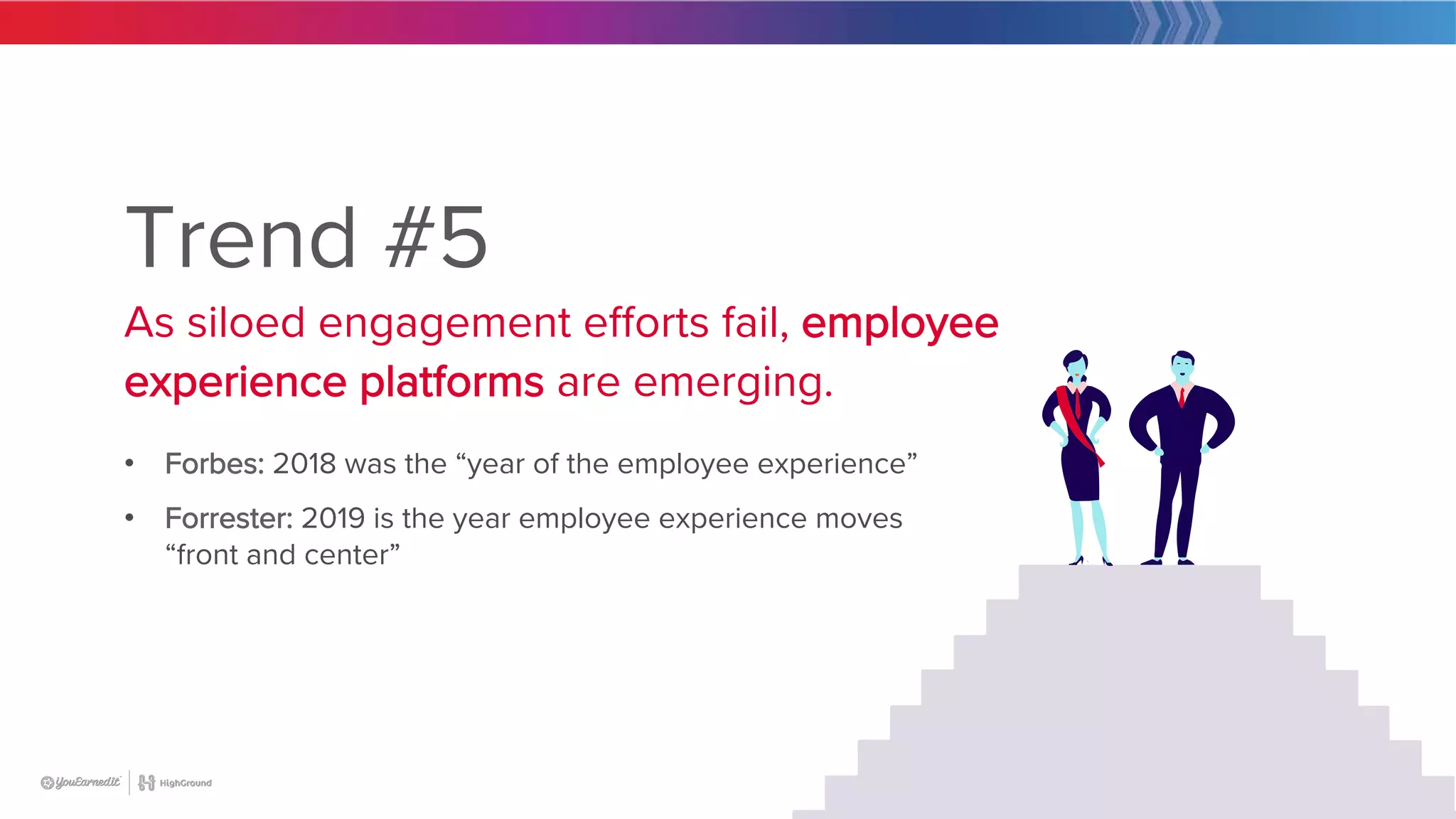 27
Trend #5
As siloed engagement efforts fail, employee
experience platforms are emerging.
•  Forbes: 2018 was the “year of the employee experience”
•  Forrester: 2019 is the year employee experience moves
“front and center”

 
