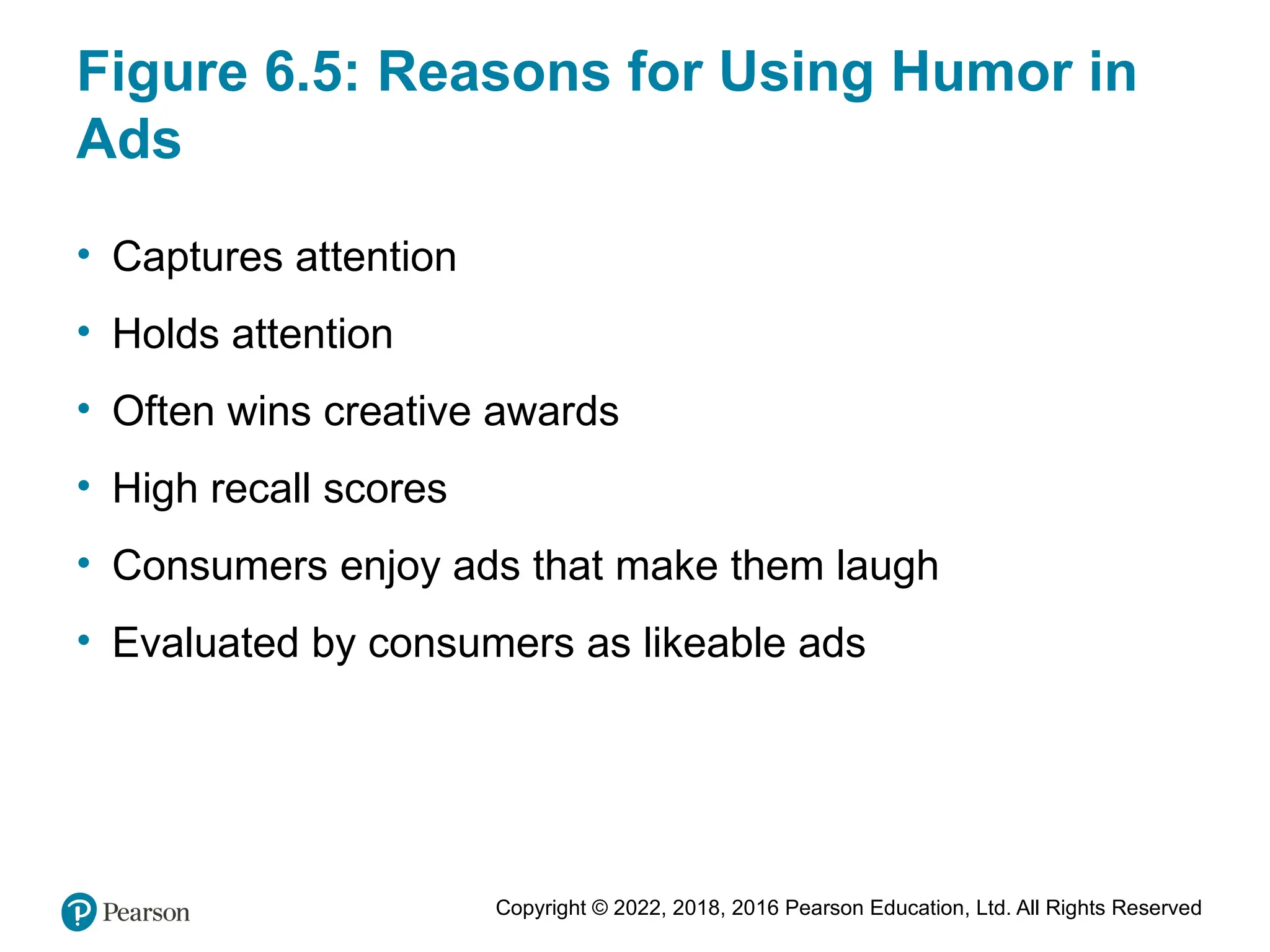 Copyright © 2022, 2018, 2016 Pearson Education, Ltd. All Rights Reserved
Figure 6.5: Reasons for Using Humor in
Ads
• Captures attention
• Holds attention
• Often wins creative awards
• High recall scores
• Consumers enjoy ads that make them laugh
• Evaluated by consumers as likeable ads
 