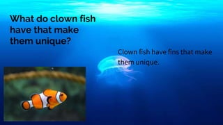 What do clown fish
have that make
them unique?
Clown fish have fins that make
them unique.
 