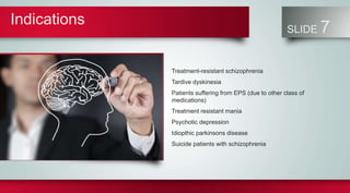 Indications
SLIDE 7
Treatment-resistant schizophrenia
Tardive dyskinesia
Patients suffering from EPS (due to other class of
medications)
Treatment resistant mania
Psychotic depression
Idiopthic parkinsons disease
Suicide patients with schizophrenia
 