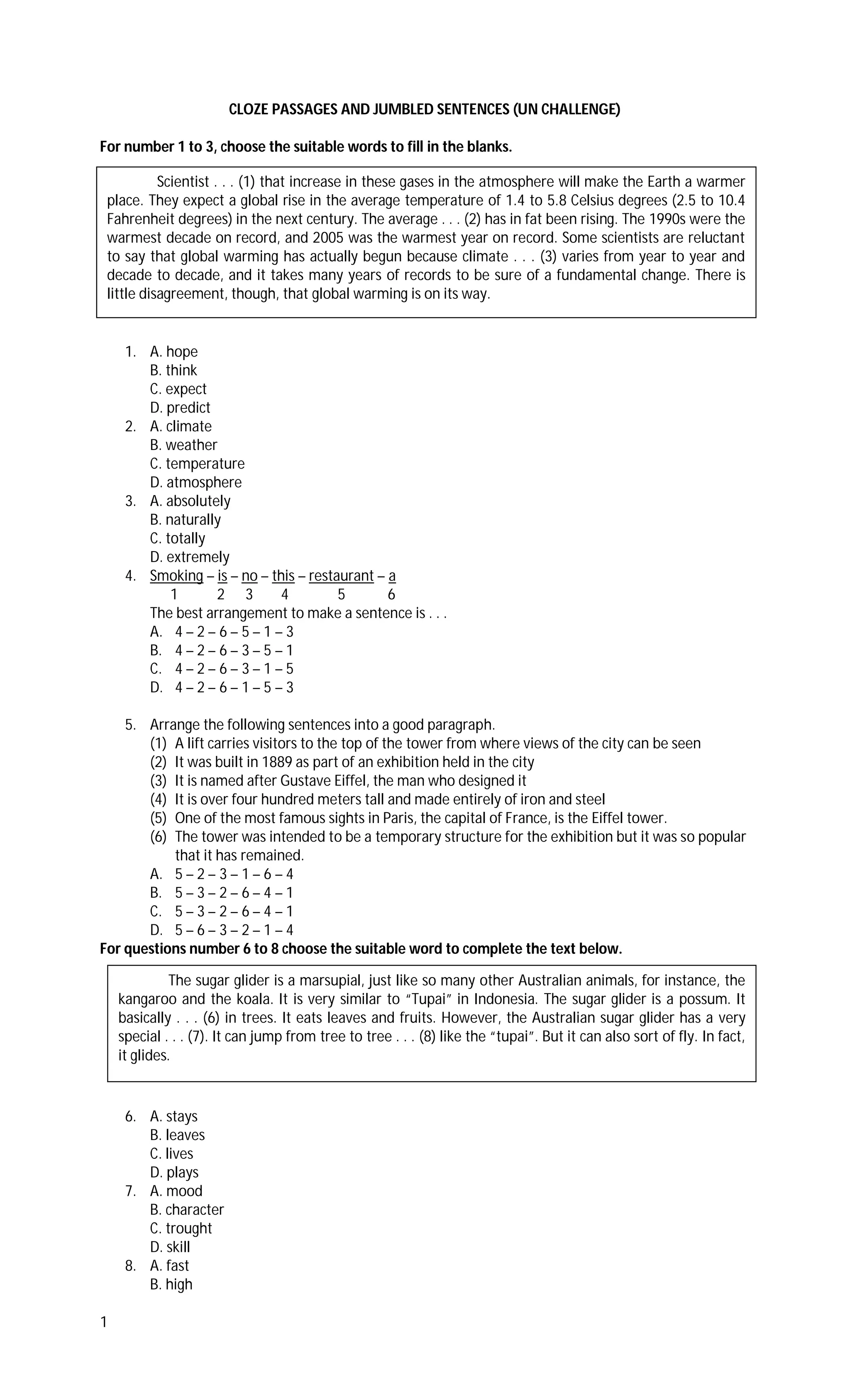 Cloze passages and jumble sentences un challenge | PDF