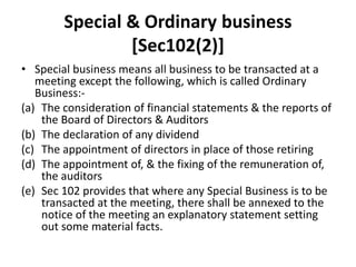 Special & Ordinary business
[Sec102(2)]
• Special business means all business to be transacted at a
meeting except the following, which is called Ordinary
Business:-
(a) The consideration of financial statements & the reports of
the Board of Directors & Auditors
(b) The declaration of any dividend
(c) The appointment of directors in place of those retiring
(d) The appointment of, & the fixing of the remuneration of,
the auditors
(e) Sec 102 provides that where any Special Business is to be
transacted at the meeting, there shall be annexed to the
notice of the meeting an explanatory statement setting
out some material facts.
 