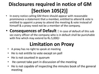 Disclosures required in notice of GM
[Section 105(2)]
• In every notice calling GM there should appear with reasonable
prominence a statement that a member, entitled to attend & vote is
entitled to appoint a proxy to attend the meeting & vote instead of
himself & a proxy need not be a member of the company.
• Consequences of Default : In case of default of this sub
sec every officer of the company who is in default shall be punishable
with fine which may extend to Rs.5,000/-
Limitation on Proxy
• A proxy has no right to speak at meeting
• He is not entitle to vote except on poll
• He is not counted in quorum
• He cannot take part in discussion of the meeting
• He is not capable of inspecting the minutes book of the general
meeting
 