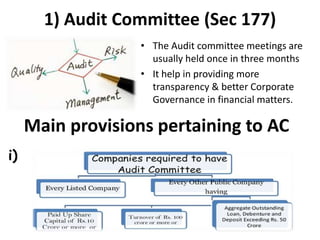 1) Audit Committee (Sec 177)
• The Audit committee meetings are
usually held once in three months
• It help in providing more
transparency & better Corporate
Governance in financial matters.
Main provisions pertaining to AC
i)
 