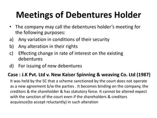 Meetings of Debentures Holder
• The company may call the debentures holder’s meeting for
the following purposes:
a) Any variation in conditions of their security
b) Any alteration in their rights
c) Effecting change in rate of interest on the existing
debentures
d) For issuing of new debentures
Case : J.K Pvt. Ltd v. New Kaiser Spinning & weaving Co. Ltd (1987)
It was held by the SC that a scheme sanctioned by the court does not operate
as a new agreement b/w the parties . It becomes binding on the company, the
creditors & the shareholder & has statutory force. It cannot be altered expect
with the sanction of the court even if the shareholders & creditors
acquiesce(to accept reluctantly) in such alteration
 