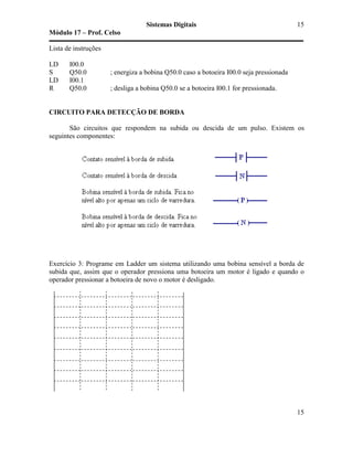 Sistemas Digitais
Módulo 17 – Prof. Celso
15
15
Lista de instruções
LD I00.0
S Q50.0 ; energiza a bobina Q50.0 caso a botoeira I00.0 seja pressionada
LD I00.1
R Q50.0 ; desliga a bobina Q50.0 se a botoeira I00.1 for pressionada.
CIRCUITO PARA DETECÇÃO DE BORDA
São circuitos que respondem na subida ou descida de um pulso. Existem os
seguintes componentes:
Exercício 3: Programe em Ladder um sistema utilizando uma bobina sensível a borda de
subida que, assim que o operador pressiona uma botoeira um motor é ligado e quando o
operador pressionar a botoeira de novo o motor é desligado.
 